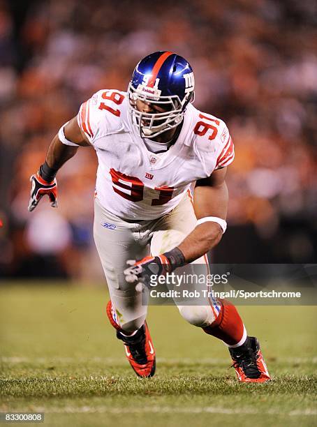 Justin Tuck the New York Giants defends against the Cleveland Browns at Cleveland Stadium on October 13, 2008 in Cleveland, Ohio. The Browns defeated...