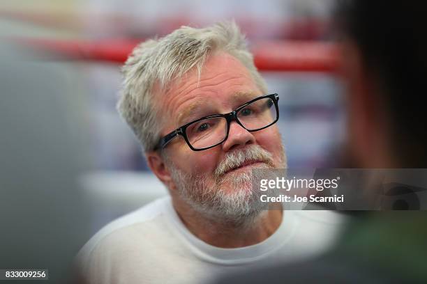 Freddie Roach speaks to the media during a Miguel Cotto Media Workout on August 16, 2017 in Los Angeles, California.