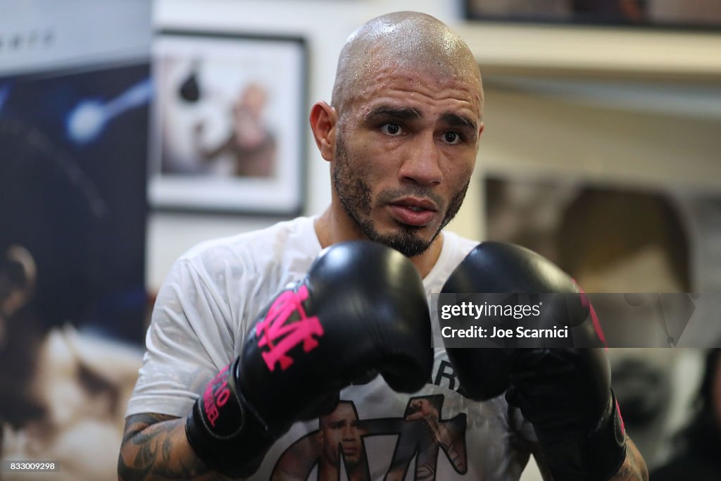 Miguel Cotto trains during a media workout on August 16, 2017 in Los