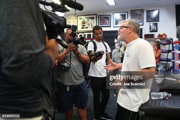 Freddie Roach speaks to the media during a Miguel Cotto Media Workout on August 16, 2017 in Los Angeles, California.