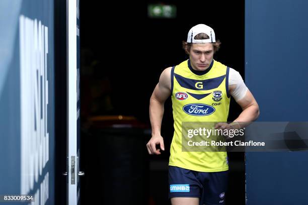 Timm House of the Cats runs onto the field during a Geelong Cats AFL training session at Simonds Stadium on August 17, 2017 in Geelong, Australia.