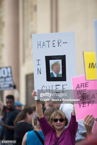 Demonstrators participate in a march and rally against white supremacy August 16, 2017 in downtown Philadelphia, Pennsylvania. Demonstrations are...