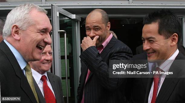 ; Taoiseach Bertie Ahern meets former footballers Arthur Fitzsimons, Paul McGrath and Gaelic footballer Jason Sherlock at the unveiling of plans for...