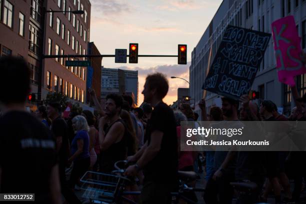 Demonstrators participate in a march and rally against white supremacy August 16, 2017 in downtown Philadelphia, Pennsylvania. Demonstrations are...