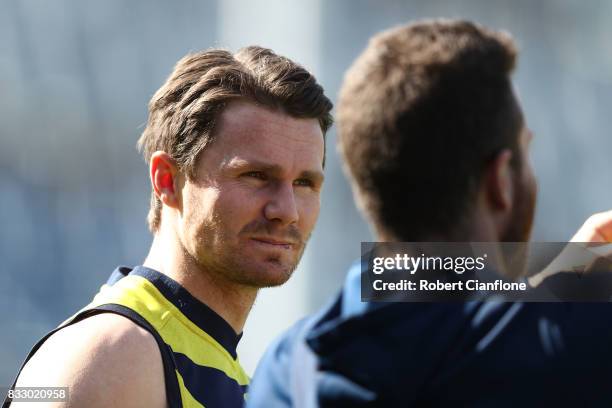 Patrick Dangerfield of the Cats looks on during a Geelong Cats AFL training session at Simonds Stadium on August 17, 2017 in Geelong, Australia.