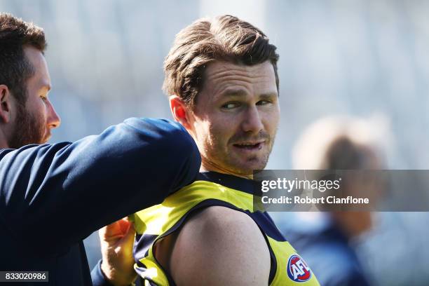 Patrick Dangerfield of the Cats looks on during a Geelong Cats AFL training session at Simonds Stadium on August 17, 2017 in Geelong, Australia.