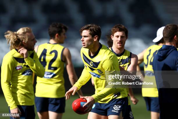 Tom Hawkins of the Cats kicks during a Geelong Cats AFL training session at Simonds Stadium on August 17, 2017 in Geelong, Australia.