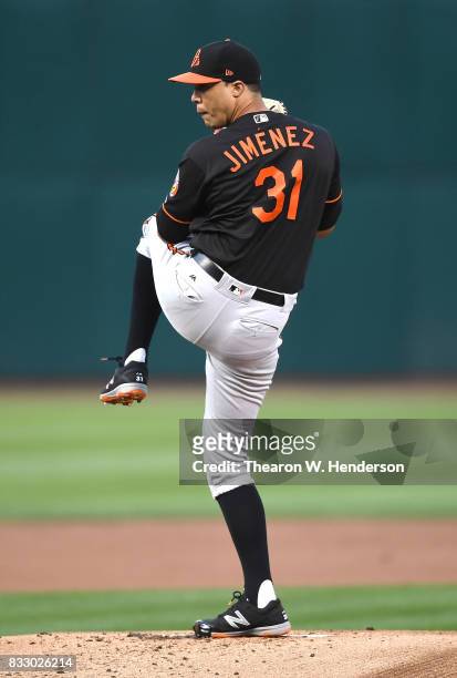 Ubaldo Jimenez of the Baltimore Orioles pitches against the Oakland Athletics in the bottom of the first inning at Oakland Alameda Coliseum on August...