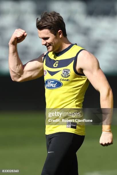 Patrick Dangerfield of the Cats looks on during a Geelong Cats AFL training session at Simonds Stadium on August 17, 2017 in Geelong, Australia.