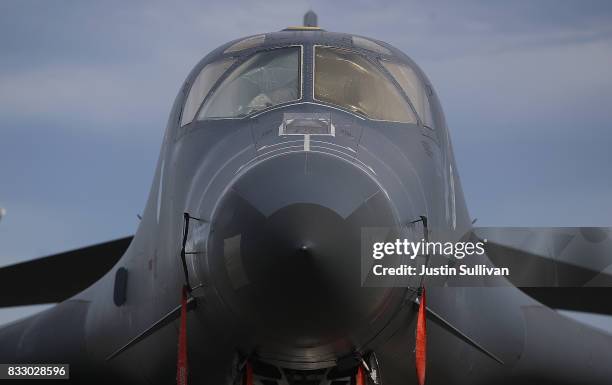 Air Force Rockwell B-1B Lancer sits on the tarmac at Andersen Air Force base on August 17, 2017 in Yigo, Guam. The American territory of Guam remains...