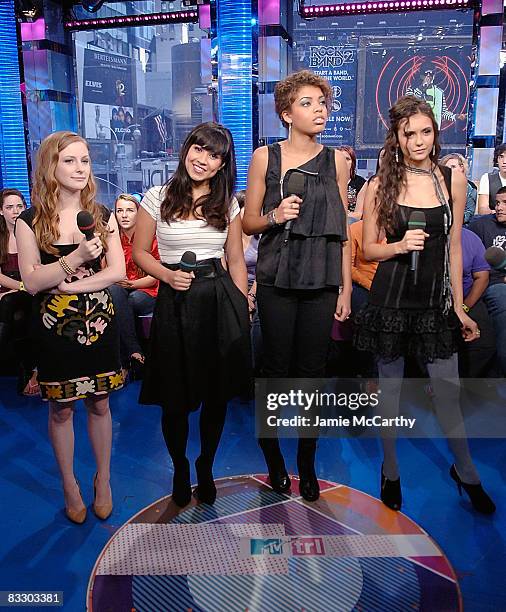 Charlotte Arnold,Cassie Steele,Sarah Barrable-Tishauer and Nina Dobrev of Degrassi visit MTV's TRL at the MTV studios in Times Square on October 14,...