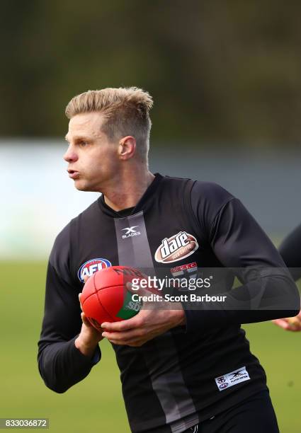Nick Riewoldt of the Saints runs with the ball during a St Kilda Saints AFL training session at Linen House Oval on August 17, 2017 in Melbourne,...