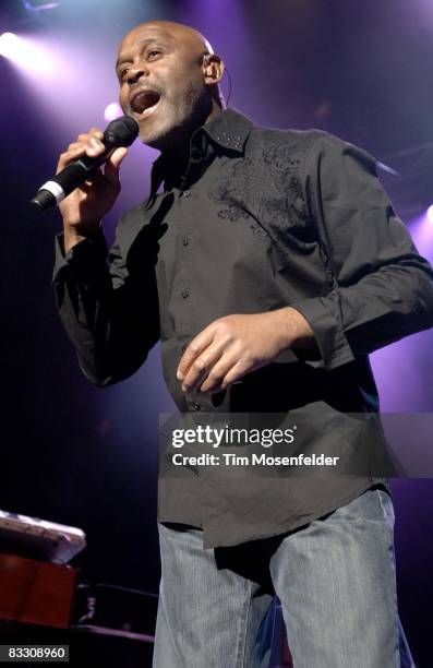 Tony Lindsay of the Santana band performs in support of Carlos' Multi-Dimensional Warrior release at the Sleep Train Pavilion on October 12, 2008 in...