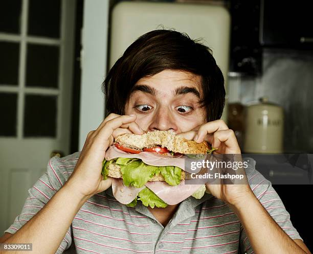 portrait of man eating sandwich - eating sandwich stock-fotos und bilder