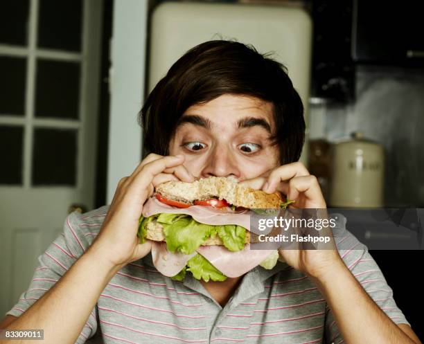 portrait of man eating sandwich - sandwich stock pictures, royalty-free photos & images