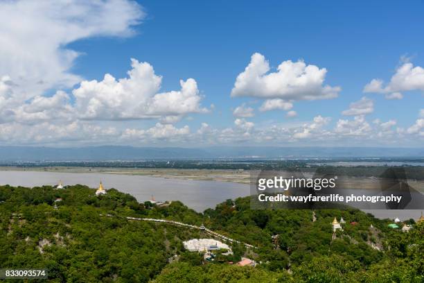 view of mandalay city and irrawaddy river from top of mountain - bago stock pictures, royalty-free photos & images