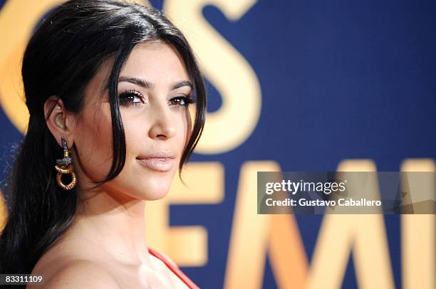 Television personality Kim Kardashian poses in the press room during the 7th Annual "Los Premios MTV Latin America 2008" Awards held at the Auditorio...