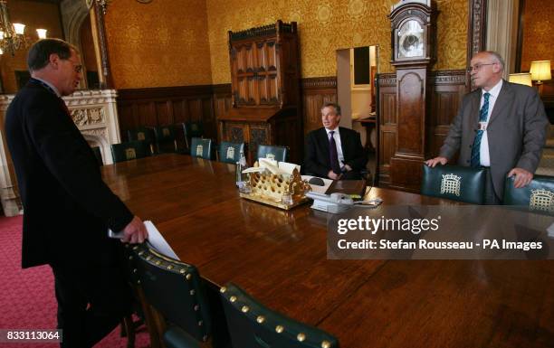 Previously unreleased photo of Prime Minister Tony Blair preparing for Prime Minister's Question in his office of the House of Commons with Official...