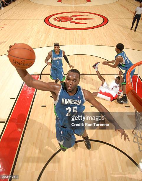 Al Jefferson of the Minnesota Timberwolves grabs a rebound during a game against the Toronto Raptors on October 16, 2008 at the Air Canada Centre in...