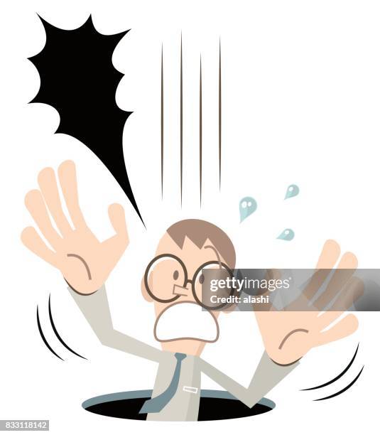 stockillustraties, clipart, cartoons en iconen met bang zakenman (man, nerd, student) met glazen vallen (viel in een gat, pitfall), schreeuwen en schreeuwen, hand aan de orde gesteld - pitfall