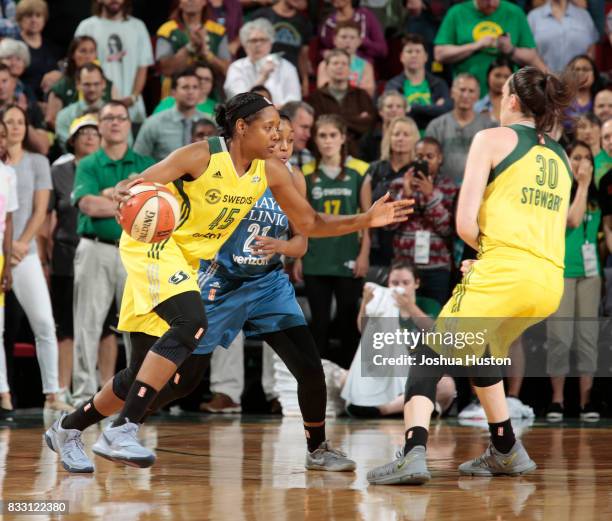 Noelle Quinn of the Seattle Storm handles the ball against the Minnesota Lynx on August 16, 2017 at Key Arena in Seattle, Washington. NOTE TO USER:...