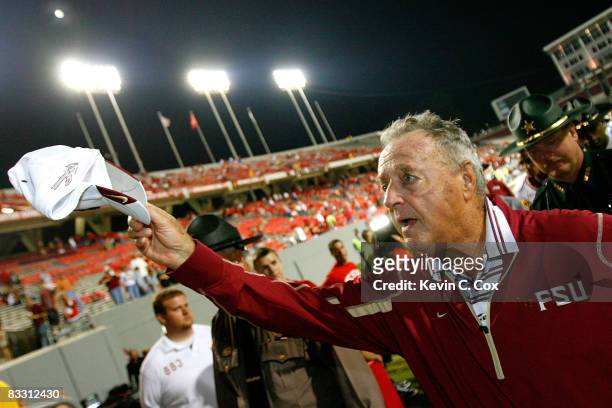 Head coach Bobby Bowden of the Florida State Seminoles celebrates after a 26-17 win over the North Carolina State Wolfpack at Carter-Finley Stadium...