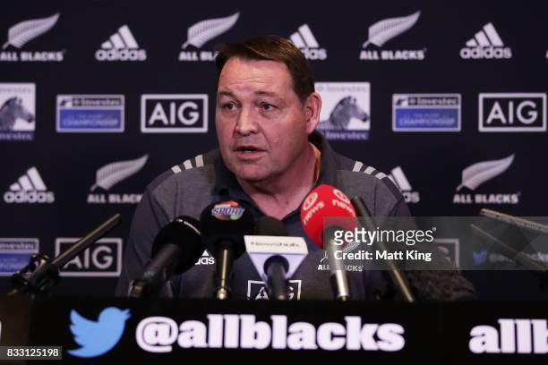 All Blacks head coach Steve Hansen speaks to the media during a New Zealand All Blacks press conference at The Intercontinental on August 17, 2017 in...