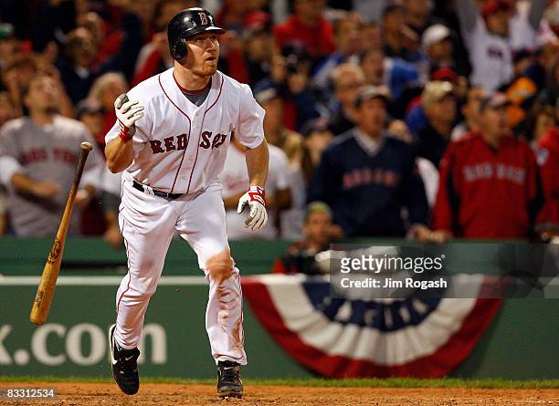 Drew of the Boston Red Sox hits a two-run home run against the Tampa Bay Rays in the eighth inning of game five of the American League Championship...