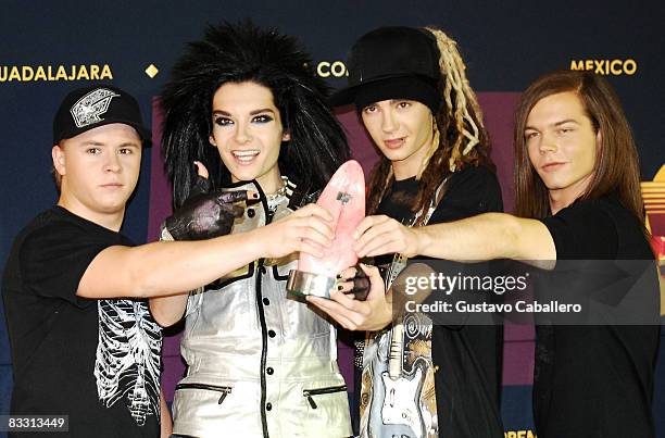 Musical group Tokio Hotel poses in the press room during the 7th Annual "Los Premios MTV Latin America 2008" Awards held at the Auditorio Telmex on...