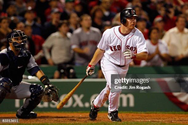 Drew of the Boston Red Sox hits the game winning RBI single against the Tampa Bay Rays in the ninth inning of game five of the American League...