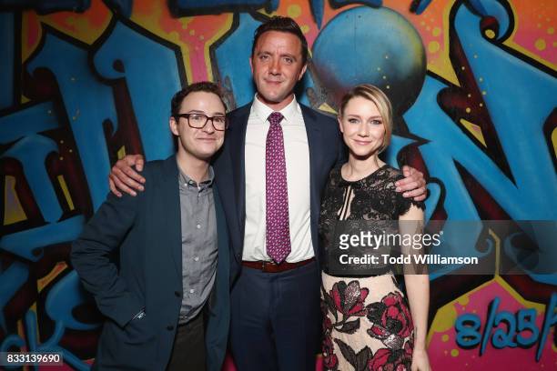 Actors Griffin Newman, Peter Serafinowicz and Valorie Curry attend the blue carpet premiere of Amazon Prime Video original series "The Tick" at...