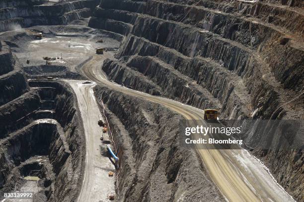 Dump truck travels along an access ramp of the Invincible mine at the St Ives Gold Mine operated by Gold Fields Ltd. In Kambalda, Australia, on...