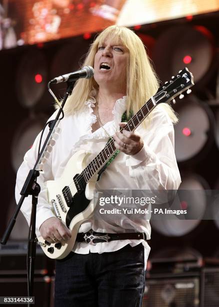 Michael McKean member of the fictional band Spinal Tap performs during the charity concert at Wembley Stadium, London.