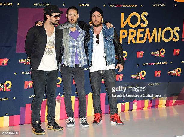 Musicians Tommy Milicevic, Jared Leto and Shannon Leto of 30 Seconds to Mars poses in the press room during the 7th Annual "Los Premios MTV Latin...