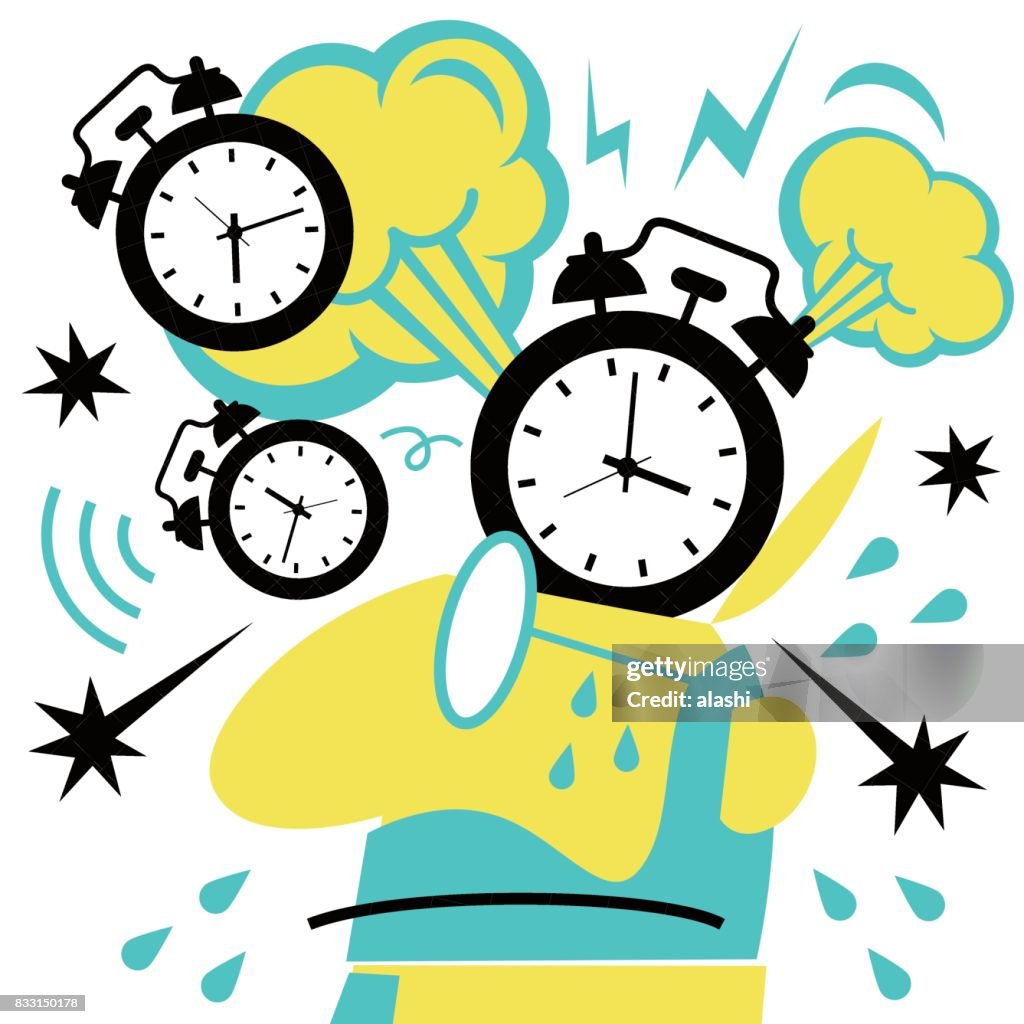 Worried businessman (engineer, man) with open head, lots of alarm clock (time) popping upon (exploding), time pressure and management concept