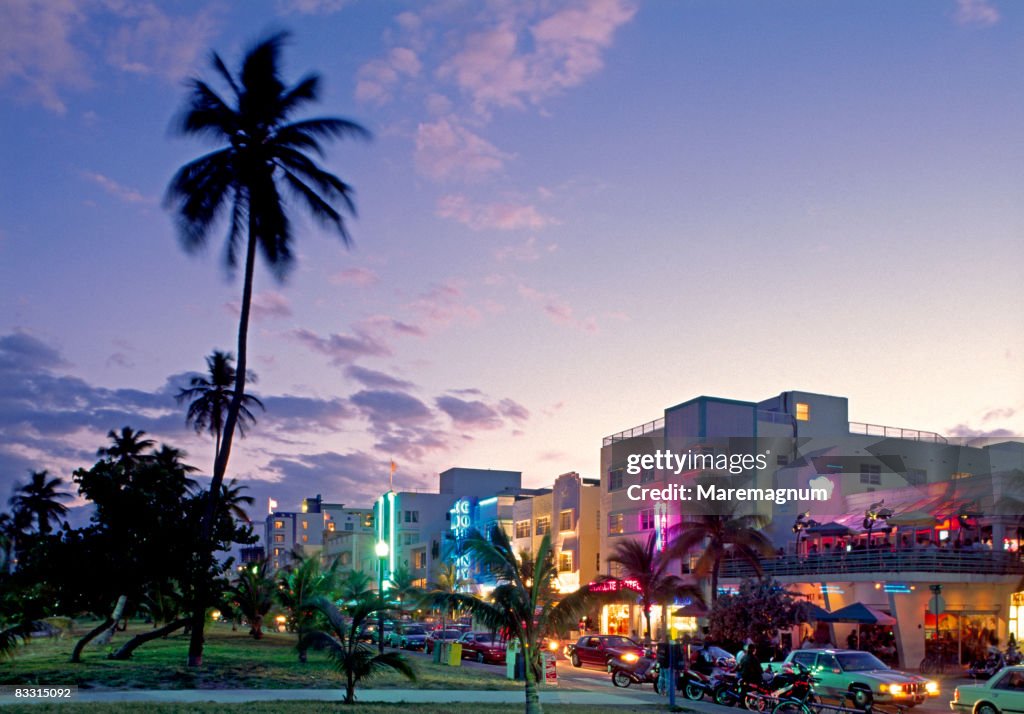 Miami, Miami Beach, Ocean Drive at twilight