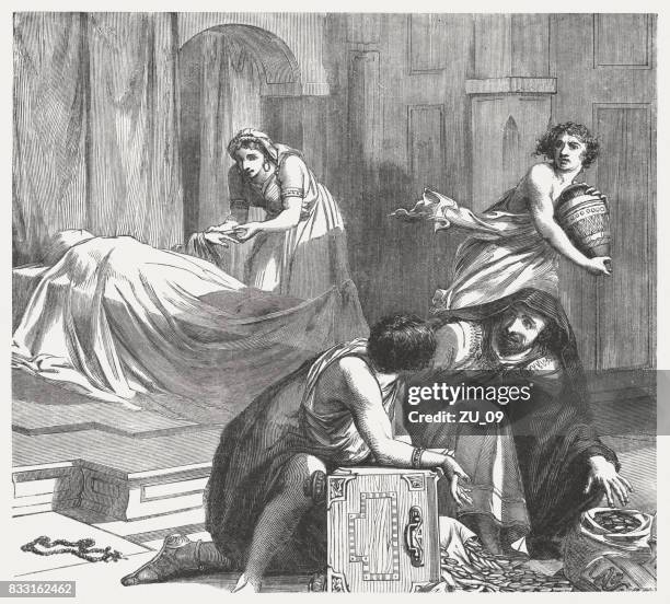 worthless striving (psalms 39, 6), wood engraving, published in 1886 - ring box stock illustrations