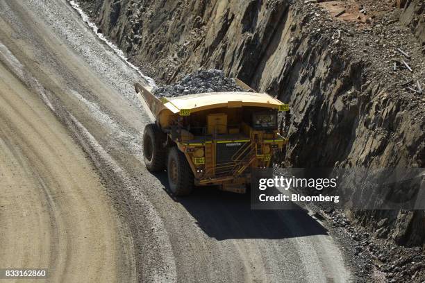 Dump truck travels along an access ramp of the Invincible mine at the St Ives Gold Mine operated by Gold Fields Ltd. In Kambalda, Australia, on...