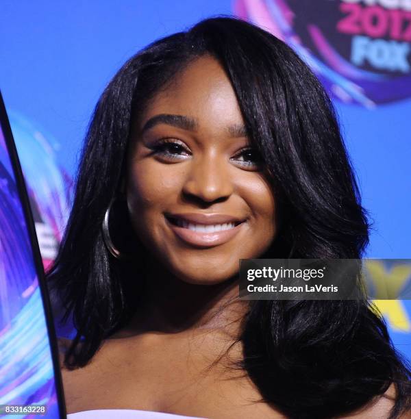 Normani Kordei of Fifth Harmony poses in the press room at the 2017 Teen Choice Awards at Galen Center on August 13, 2017 in Los Angeles, California.