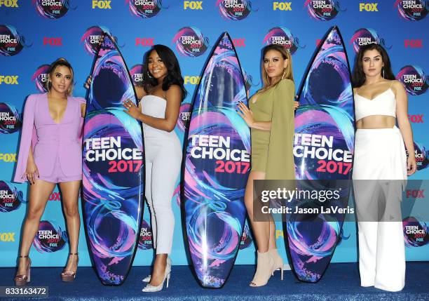 Ally Brooke, Normani Kordei, Dinah Jane and Lauren Jauregui of Fifth Harmony pose in the press room at the 2017 Teen Choice Awards at Galen Center on...