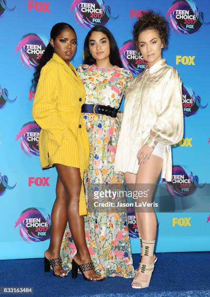 Actresses Ryan Destiny, Brittany O'Grady and Jude Demorest pose in the press room at the 2017 Teen Choice Awards at Galen Center on August 13, 2017...