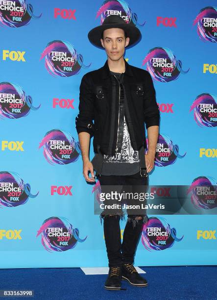 Singer Leroy Sanchez poses in the press room at the 2017 Teen Choice Awards at Galen Center on August 13, 2017 in Los Angeles, California.