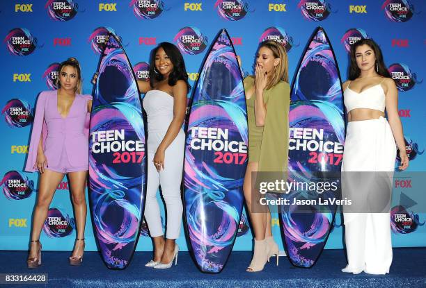 Ally Brooke, Normani Kordei, Dinah Jane and Lauren Jauregui of Fifth Harmony pose in the press room at the 2017 Teen Choice Awards at Galen Center on...