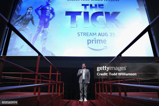 Head of Comedy and Drama for Amazon Studios Joe Lewis speaks onstage during the blue carpet premiere of Amazon Prime Video original series "The Tick"...