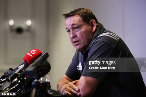 All Blacks head coach Steve Hansen speaks to the media during a New Zealand All Blacks press conference at The Intercontinental on August 17, 2017 in...