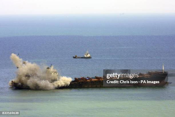 Salvage experts use explosives for a second time in their attempt to split the stricken container ship MSC Napoli so it can be removed in sections...