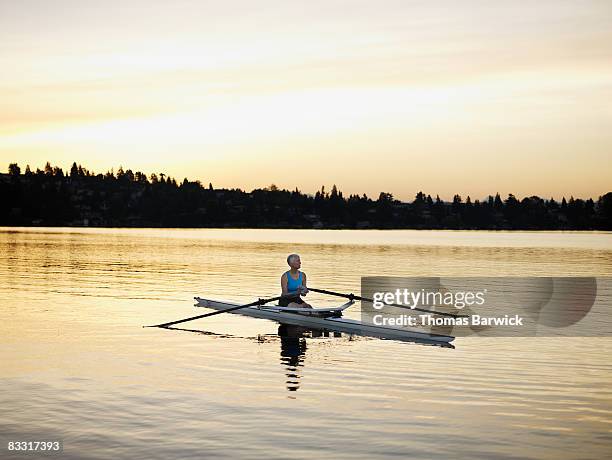 mature female rower in single scull - rennrudern stock-fotos und bilder