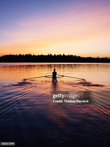 female rowing single scull, sunrise - single scull stockfoto's en -beelden