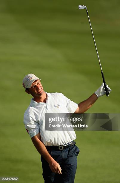 Ricardo Santos of Portugal reacts to a poor second shot on the seventh hole during the second round of the Portugal Masters at the Oceanico Victoria...