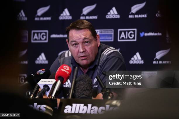 All Blacks head coach Steve Hansen speaks to the media during a New Zealand All Blacks press conference at The Intercontinental on August 17, 2017 in...